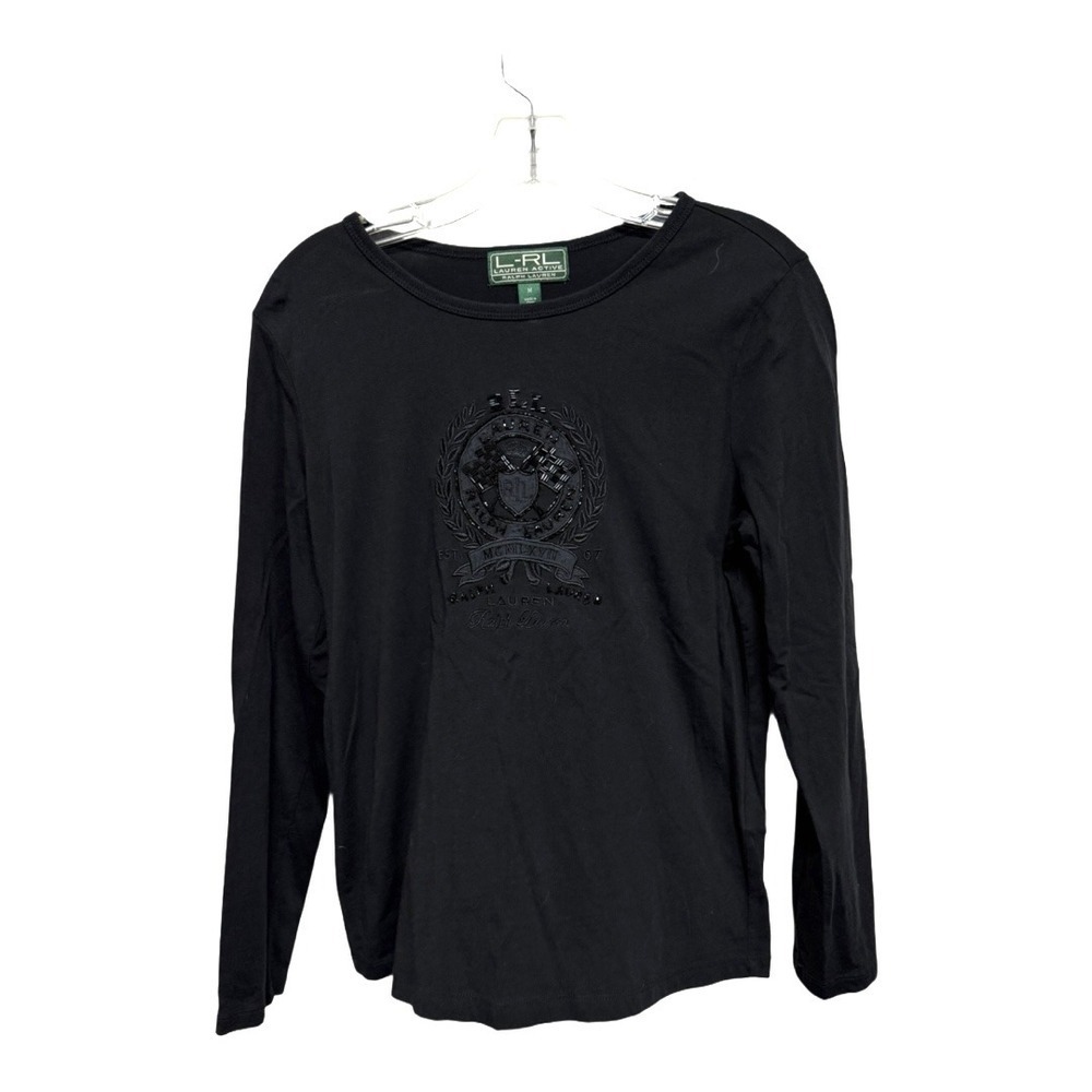 LRL Lauren Ralph Lauren Active Beaded Crest Embroidered Long Sleeve Black Medium